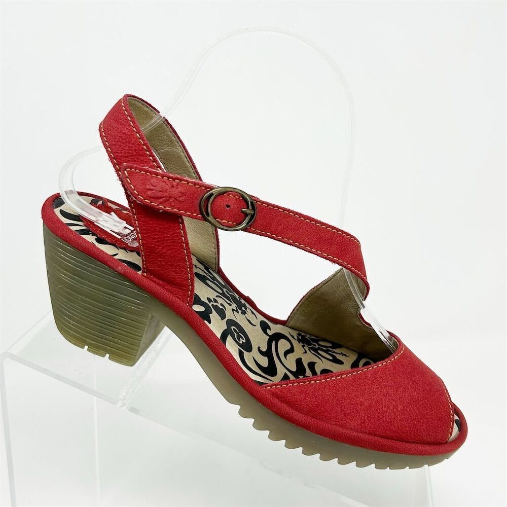 Fly London Red Leather Slingback Heeled Sandals Size 37 (US 6-6.5) Open Toe
